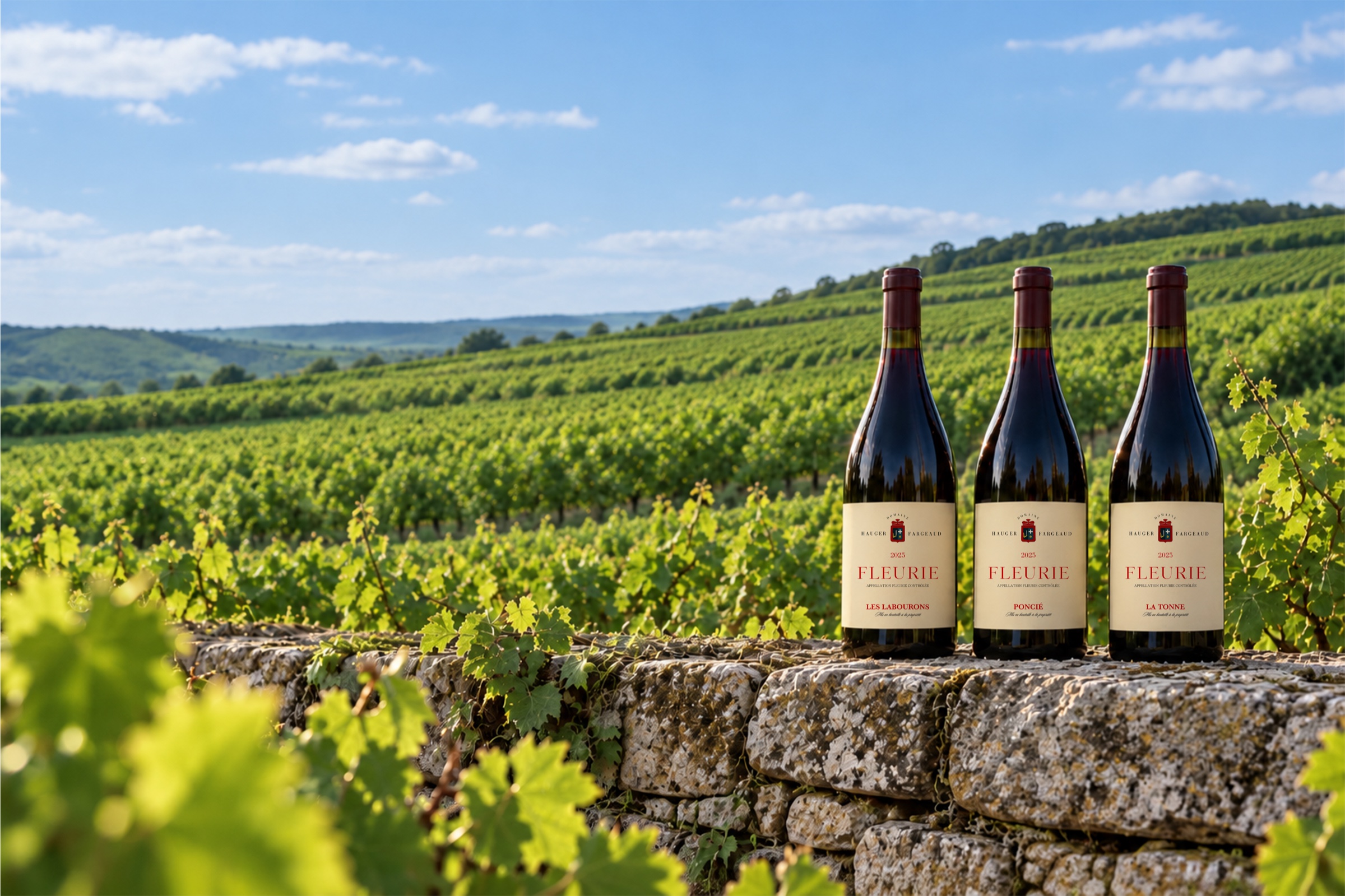 Les trois cuvées du domaine devant les vignes de Fleurie